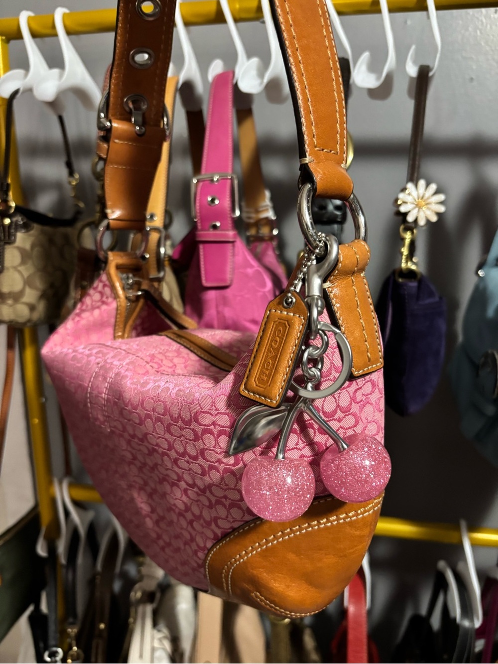 Coach Pink Signature Canvas Shoulder Bag with Tan Leather Trim - Picture 2 of 6